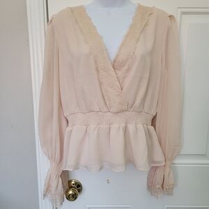 Express Floral Lace Faux Wrap Long Sleeve Blouse Coquette Feminine Cream Blush M